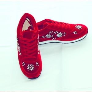 Brand New - Red Velvet sneakers with stone designs